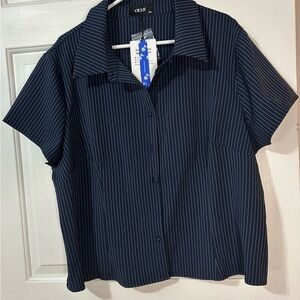 Cider Pinstripe Navy Women's Button Down Short Sleeve Blouse 3X, Work Wear NWT